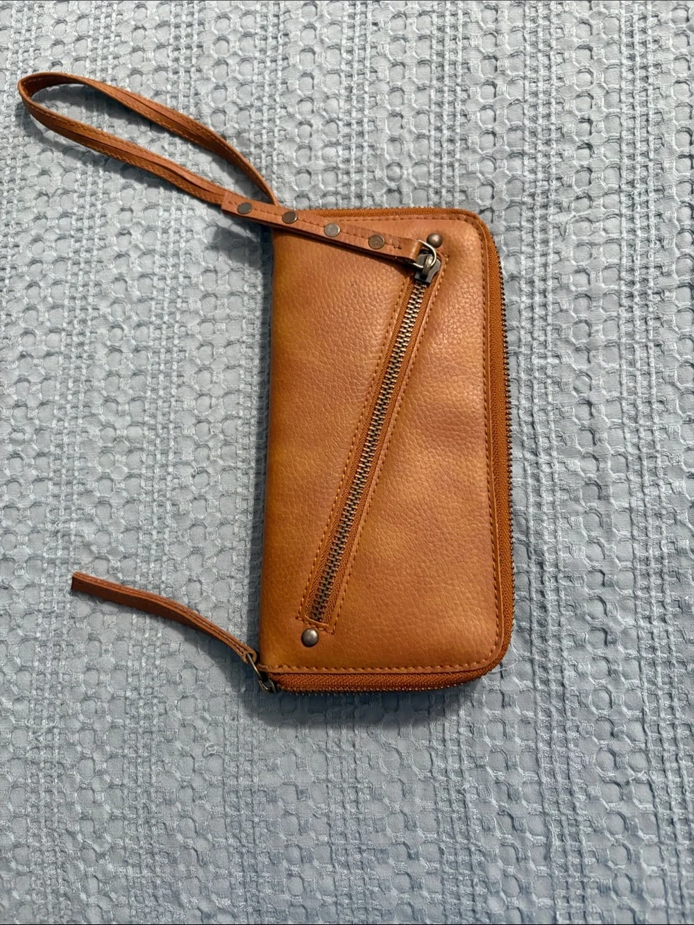 Free People Tan Leather Wristlet Clutch with Exterior Zip Detail